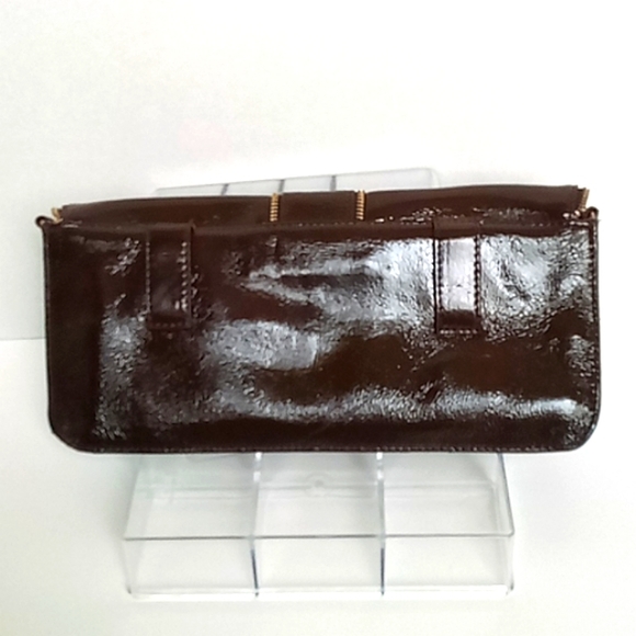 Brown Patent Leather Clutch Bag with Bow and Strap - Picture 2 of 9